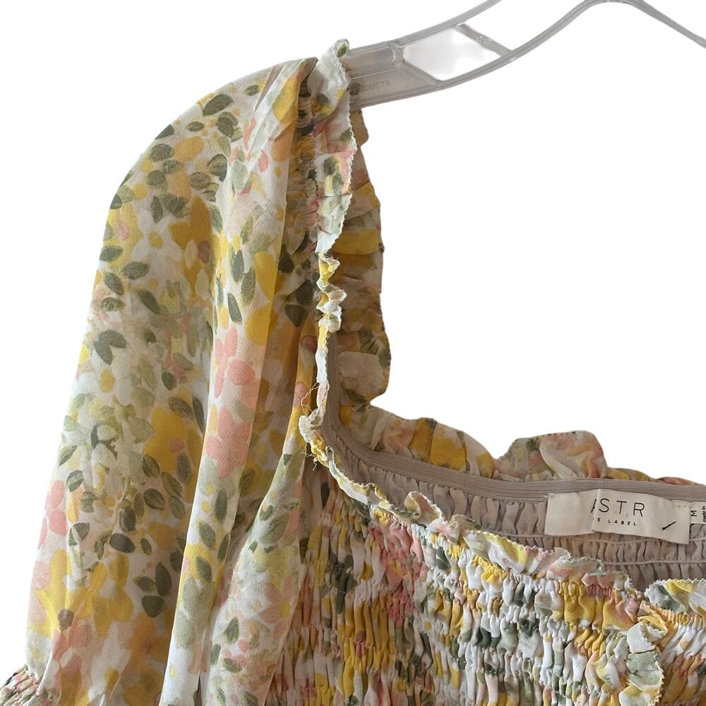 Astr Pastel Floral Smocked Square-Neck Blouse in Yellow and Pink - Picture 3 of 9